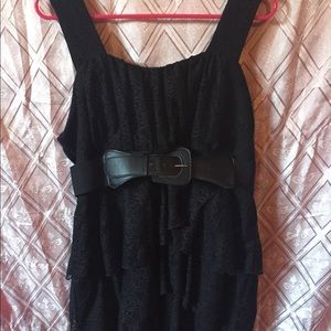 Black lace print midi dress with belt